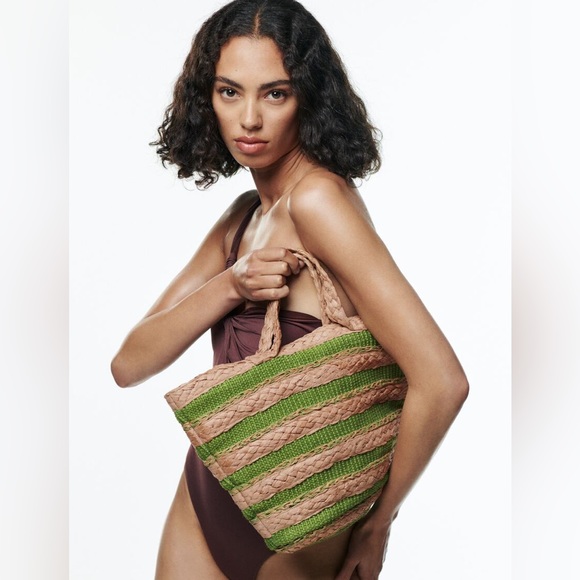 Zara Straw Tote with Green Stripe Accents - Picture 2 of 10